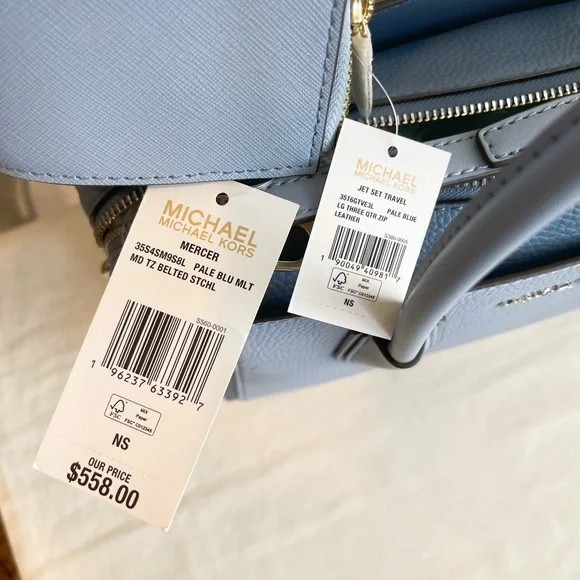 Michael Kors Mercer Belted Satchel & Wallet Set Blue Leather with Gold Hardware